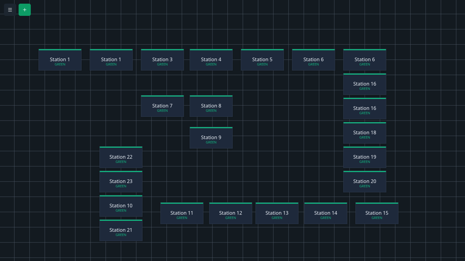 Assembly Lime Dashboard showing visual station management with assembly stations in green status on a grid background
